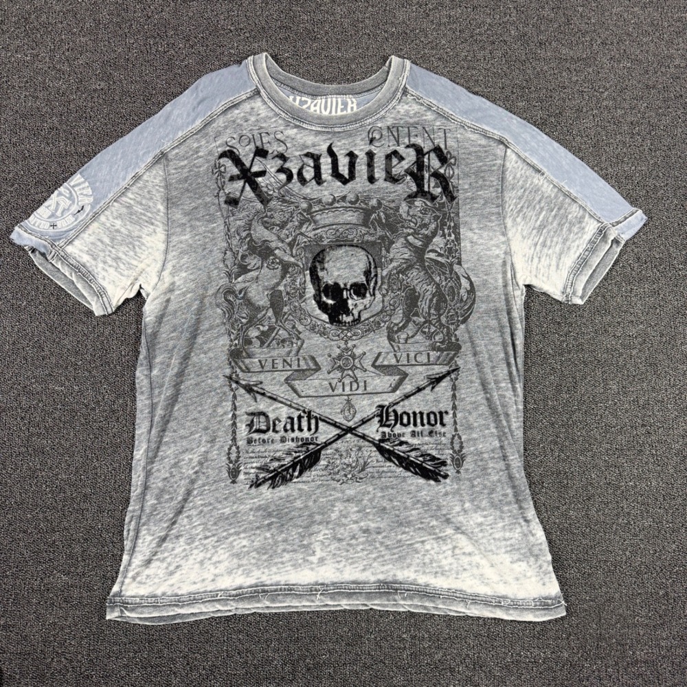 Xzavier Limited Mens XL Graphic T-Shirt Gray Blue Affliction Style Skull Graphic